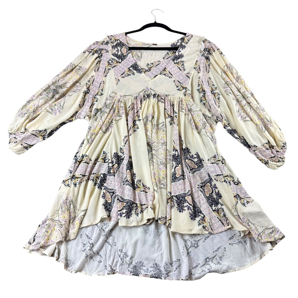 Free People Girl Talk Tunic Cream Paisley Boho V-Neck Balloon Sleeve Top M